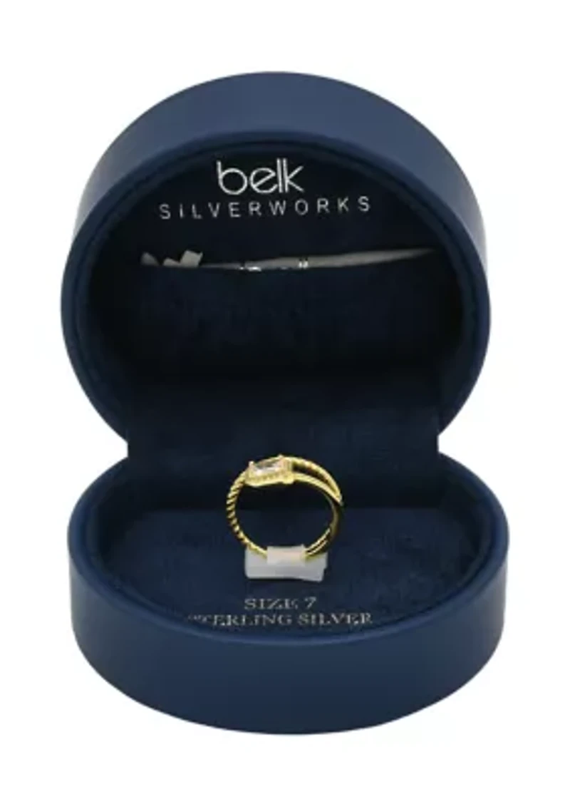 Lab Grown Emerald Cut Cubic Zirconia with Textured Band Wrap Ring Gold Over Sterling Silver