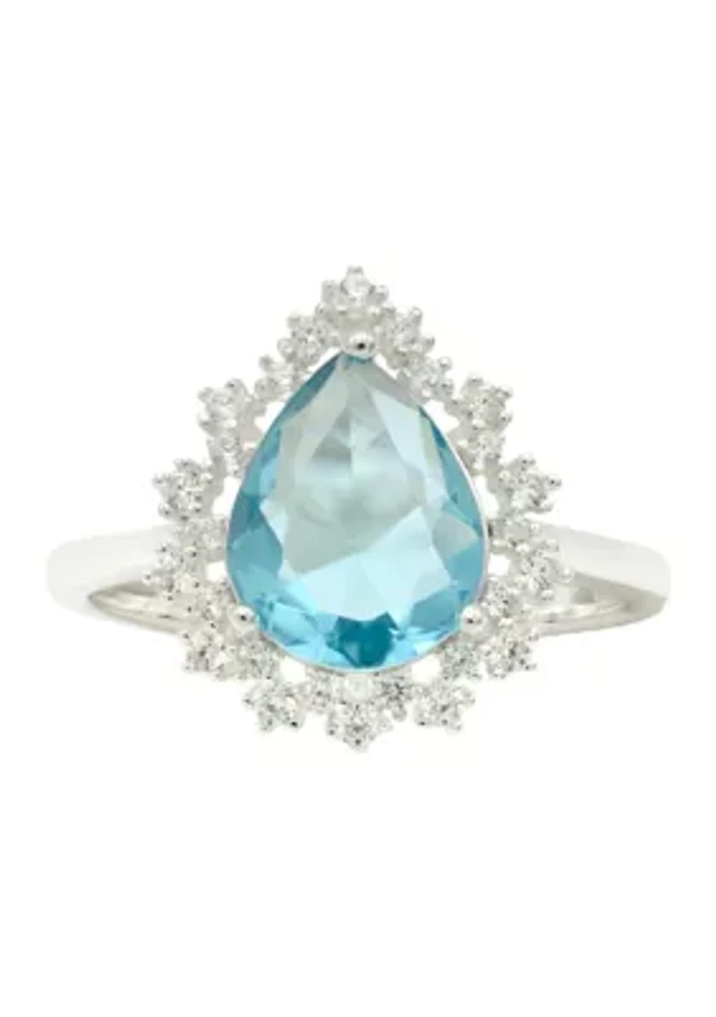 Lab Grown Sterling Silver Aqua Crystal Pear with Clear Cubic Zirconia Halo Ring