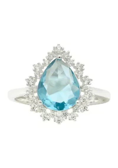 Lab Grown Sterling Silver Aqua Crystal Pear with Clear Cubic Zirconia Halo Ring