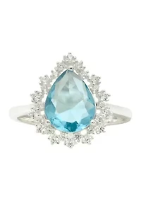 Lab Grown Sterling Silver Aqua Crystal Pear with Clear Cubic Zirconia Halo Ring