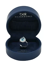 Lab Grown Sterling Silver Aqua Crystal Pear with Clear Cubic Zirconia Halo Ring