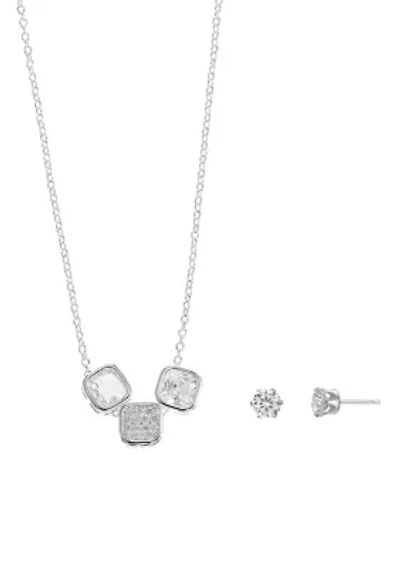 CZ Triple Cushion Necklace and Stud Earring Set