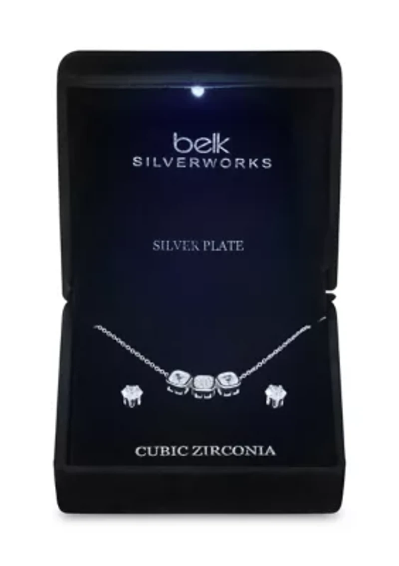 CZ Triple Cushion Necklace and Stud Earring Set