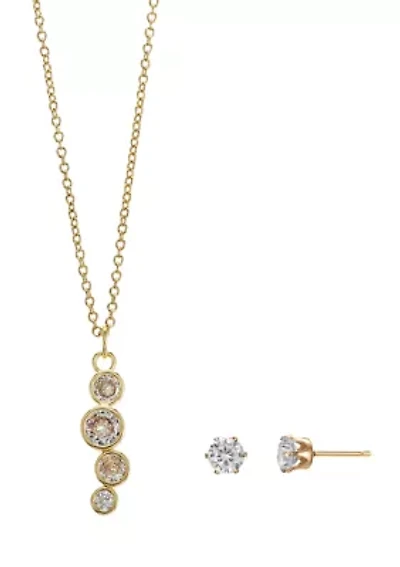 Lab Grown Round Linear Cubic Zirconia Drop Pendant and Cubic Zirconia Stud Earring Set