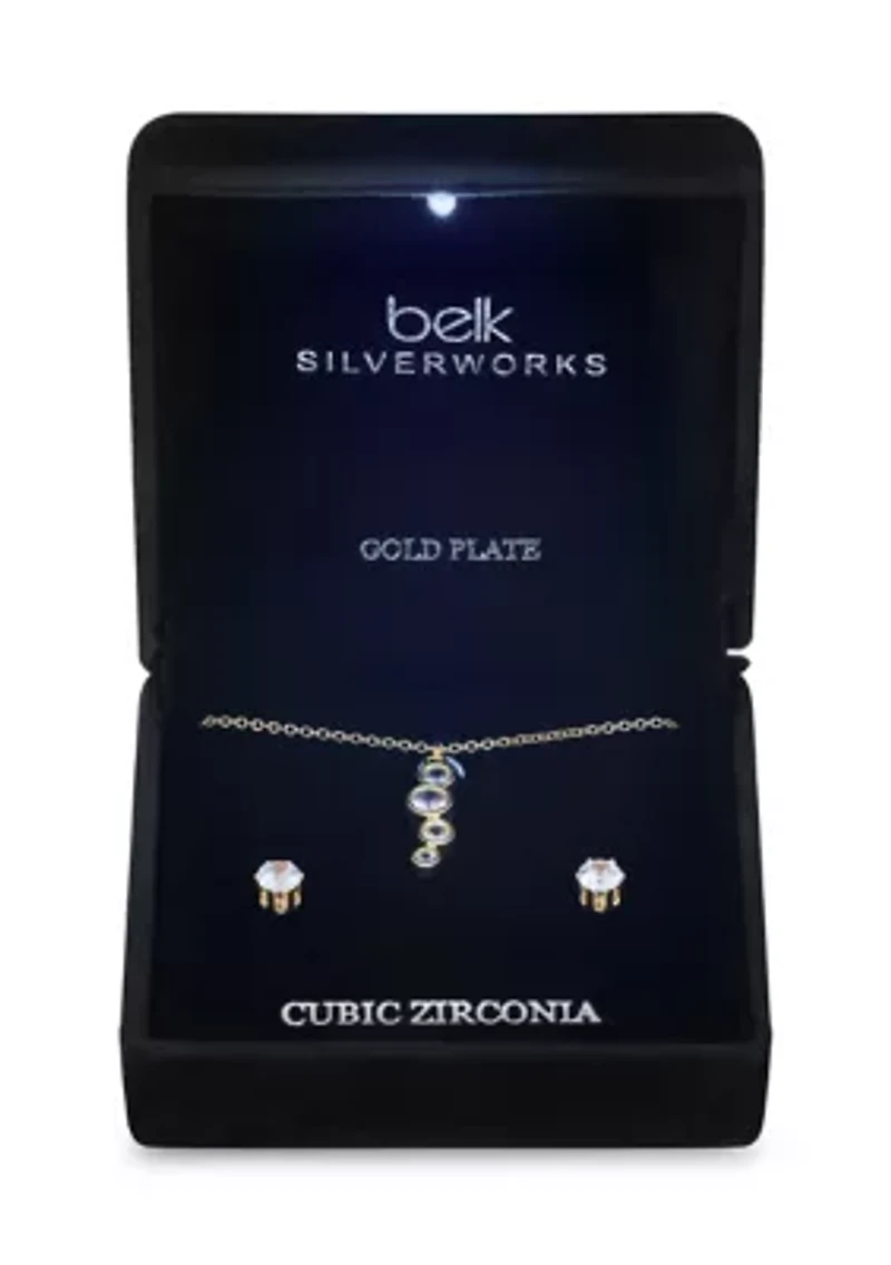 Lab Grown Round Linear Cubic Zirconia Drop Pendant and Cubic Zirconia Stud Earring Set
