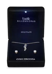 Lab Grown Round Linear Cubic Zirconia Drop Pendant and Cubic Zirconia Stud Earring Set