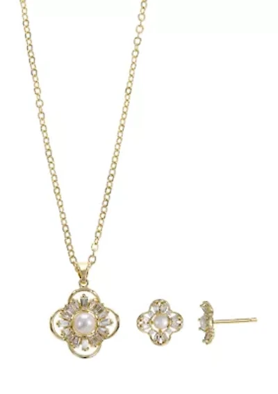 Cubic Zirconia Pearl Clover Necklace and Stud Earring Set