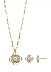 Cubic Zirconia Pearl Clover Necklace and Stud Earring Set