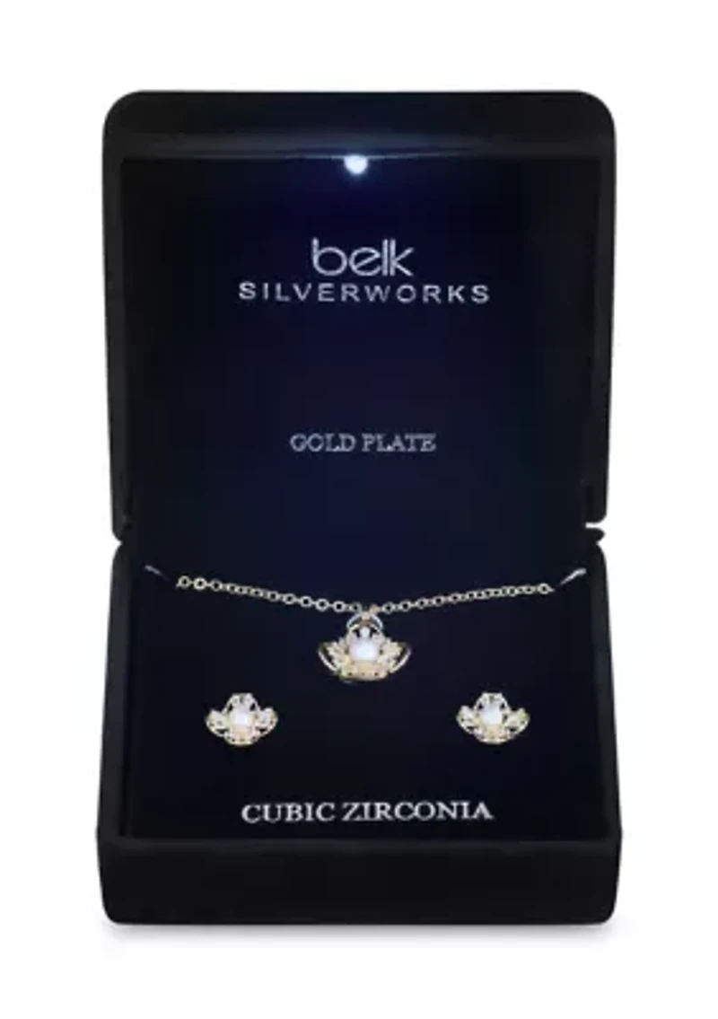 Cubic Zirconia Pearl Clover Necklace and Stud Earring Set