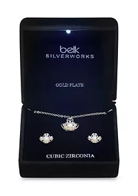 Cubic Zirconia Pearl Clover Necklace and Stud Earring Set