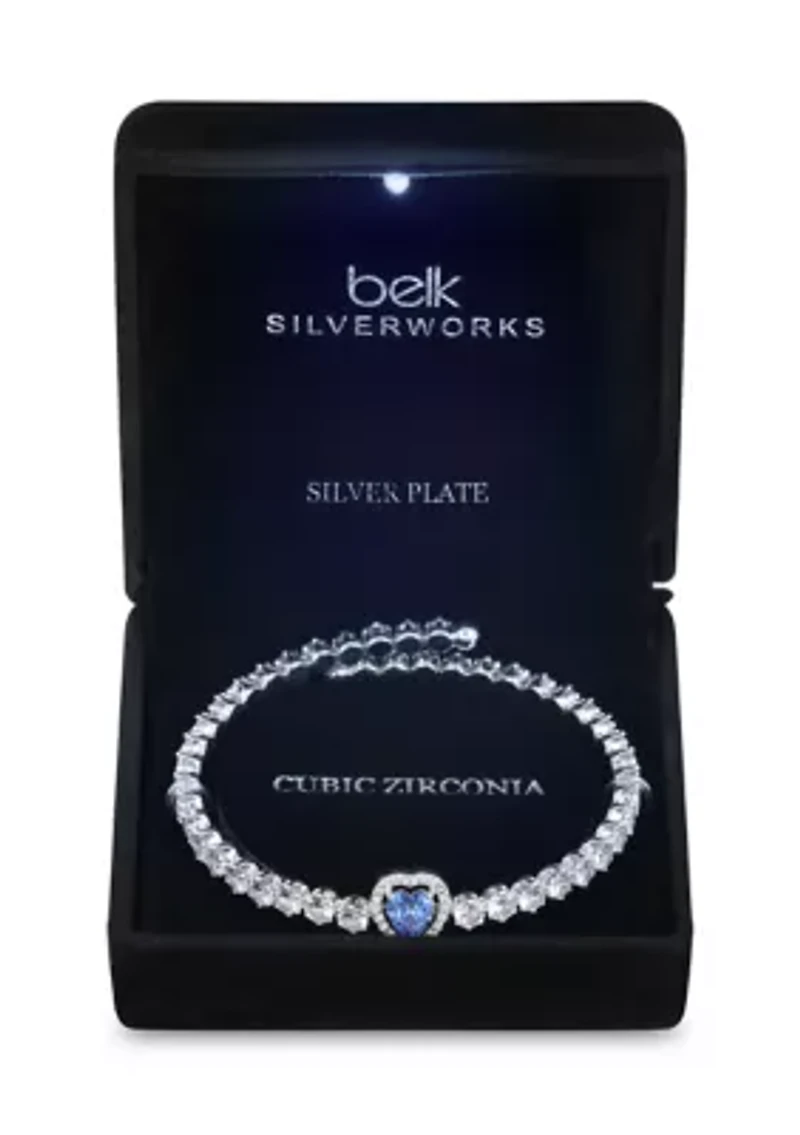 Sapphire Crystal Heart Center Stone CZ Coil Tennis Bracelet