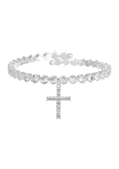 Coil CZ Tennis Bracelet with Cross Charm