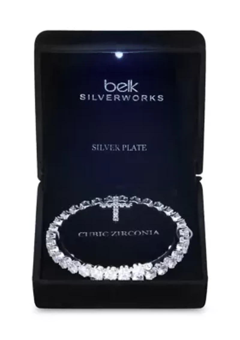 Coil CZ Tennis Bracelet with Cross Charm