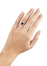 Lab Grown Sterling Silver Emerald Oval with CZ Halo Ring