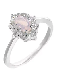 Lab Grown Sterling Silver Clear Oval Cubic Zirconia with Baguette Halo Ring