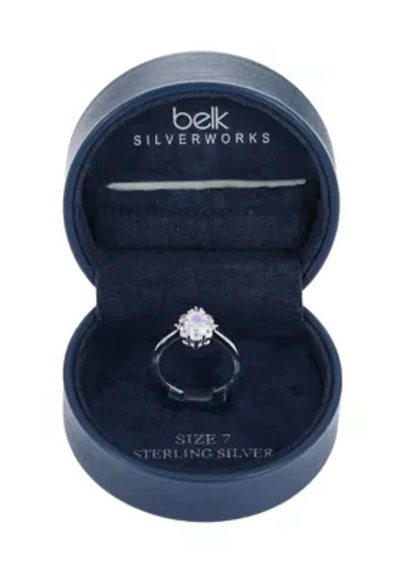 Lab Grown Sterling Silver Clear Oval Cubic Zirconia with Baguette Halo Ring