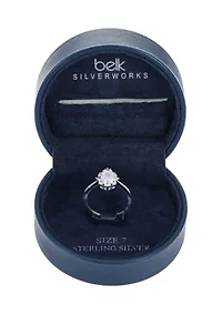 Lab Grown Sterling Silver Clear Oval Cubic Zirconia with Baguette Halo Ring