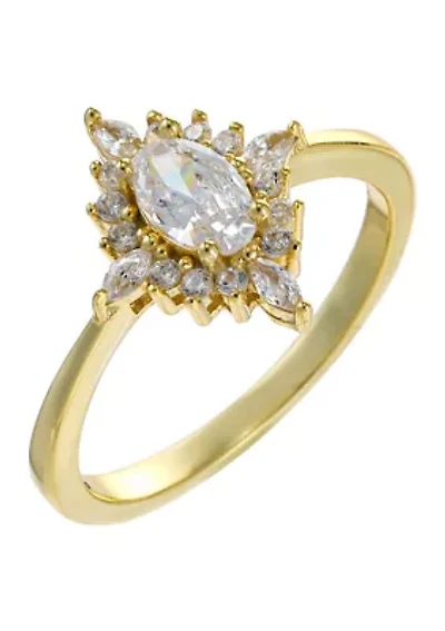 Lab Grown Gold Over Sterling Silver Clear Oval Cubic Zirconia with Multi Shape Halo Ring