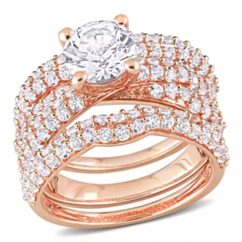 Lab Created White Sapphire Bridal Ring Set Rose Plated Sterling Silver