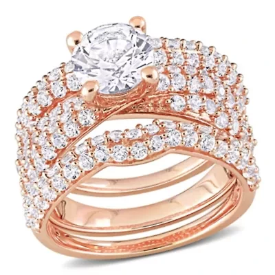 Lab Created White Sapphire Bridal Ring Set Rose Plated Sterling Silver