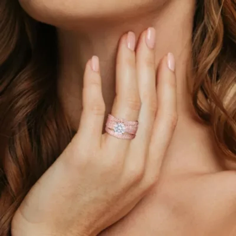 Lab Created White Sapphire Bridal Ring Set Rose Plated Sterling Silver