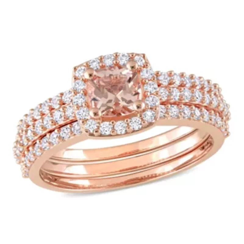 Lab Created Morganite and White Sapphire Bridal Ring Set Rose Plated Sterling Silver