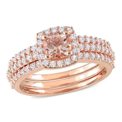 Lab Created Morganite and White Sapphire Bridal Ring Set Rose Plated Sterling Silver