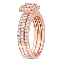 Lab Created Morganite and White Sapphire Bridal Ring Set Rose Plated Sterling Silver