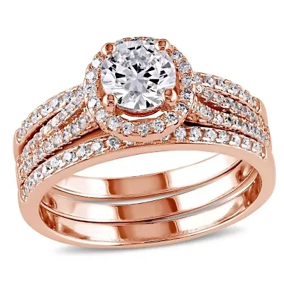 Lab Created Cubic Zirconia Halo Bridal Ring Set Rose Plated Sterling Silver