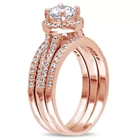 Lab Created Cubic Zirconia Halo Bridal Ring Set Rose Plated Sterling Silver