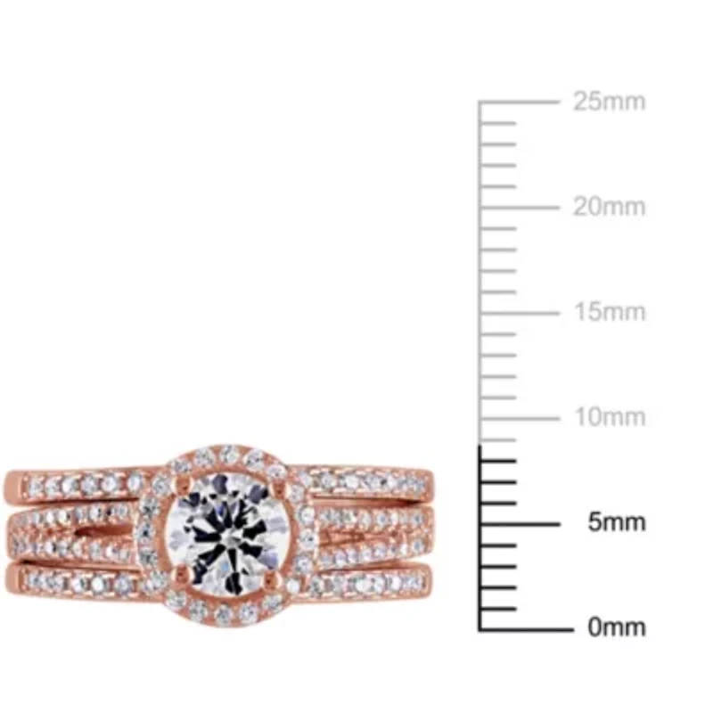 Lab Created Cubic Zirconia Halo Bridal Ring Set Rose Plated Sterling Silver