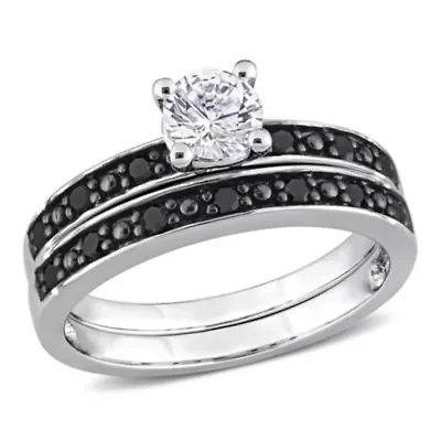 Lab Created White Sapphire and 1/4 ct. t.w. Diamond Bridal Ring Set Sterling Silver with Black Rhodium