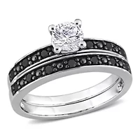 Lab Created White Sapphire and 1/4 ct. t.w. Diamond Bridal Ring Set Sterling Silver with Black Rhodium