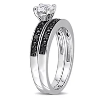 Lab Created White Sapphire and 1/4 ct. t.w. Diamond Bridal Ring Set Sterling Silver with Black Rhodium