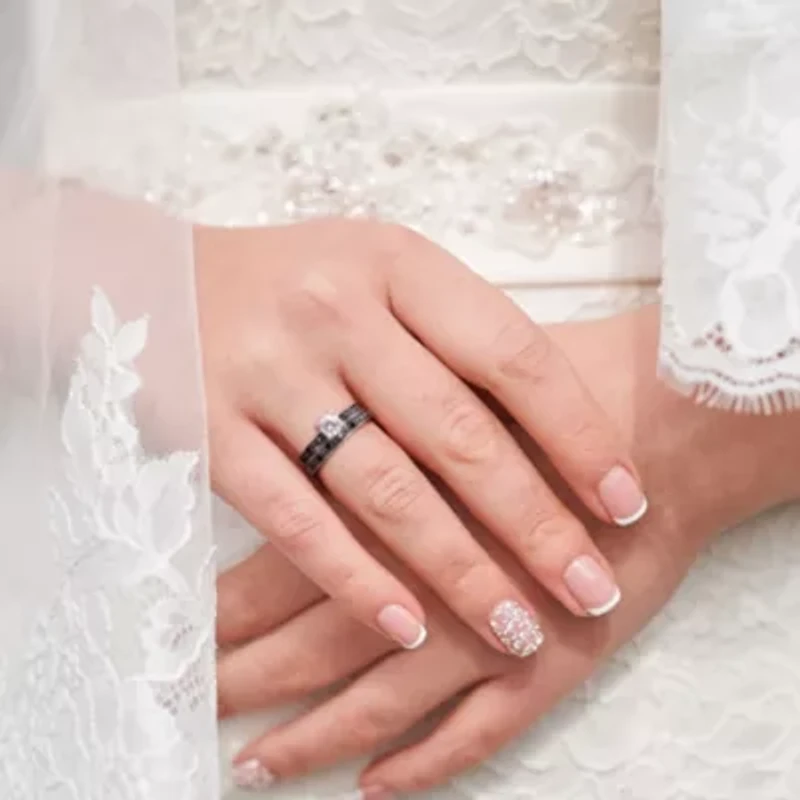 Lab Created White Sapphire and 1/4 ct. t.w. Diamond Bridal Ring Set Sterling Silver with Black Rhodium