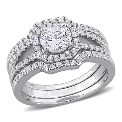 Lab Created Cubic Zirconia Halo Split Shank Bridal Ring Set Sterling Silver