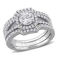 Lab Created Cubic Zirconia Halo Split Shank Bridal Ring Set Sterling Silver