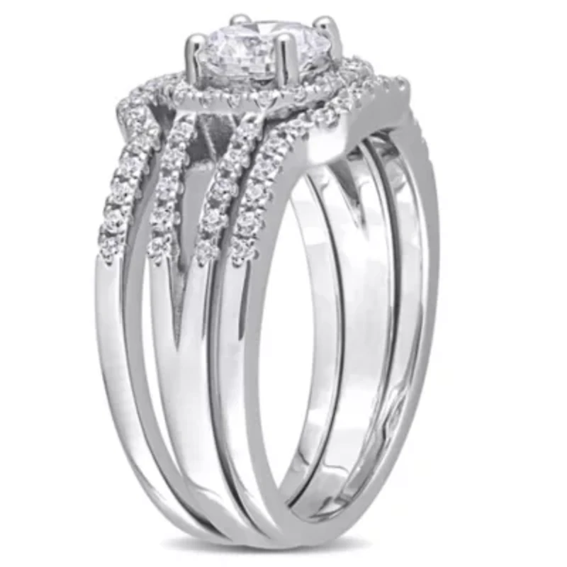 Lab Created Cubic Zirconia Halo Split Shank Bridal Ring Set Sterling Silver
