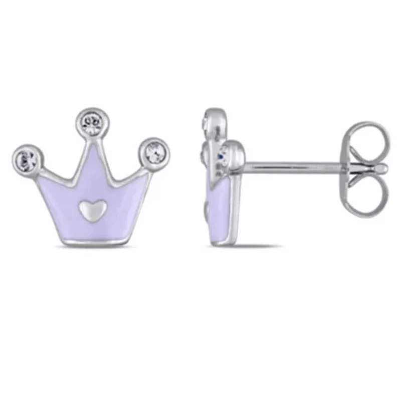 Children's Enamel Princess Crown Stud Earrings in Sterling Silver