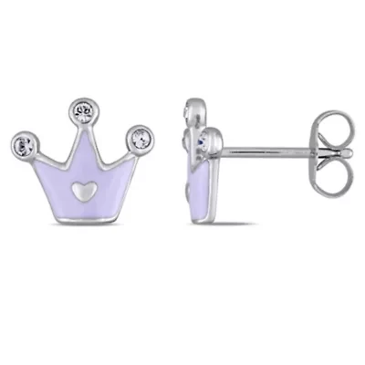 Children's Enamel Princess Crown Stud Earrings in Sterling Silver