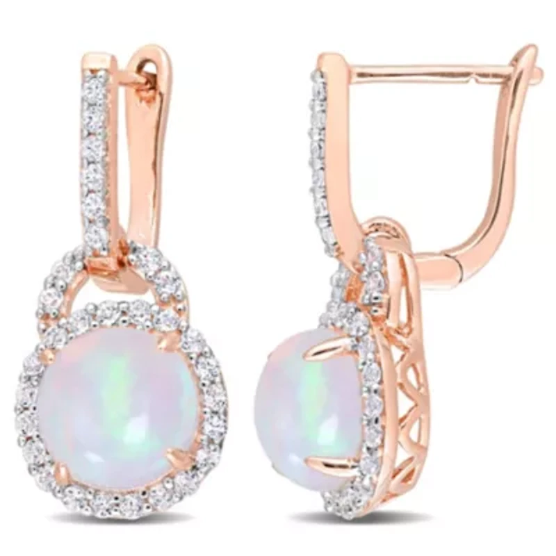 Blue-Ethiopian Opal and White Topaz Halo Drop Earrings in Rose Plated Sterling Silver