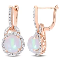 Blue-Ethiopian Opal and White Topaz Halo Drop Earrings in Rose Plated Sterling Silver