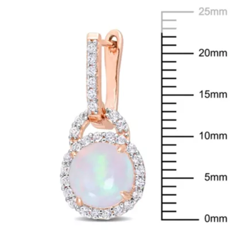 Blue-Ethiopian Opal and White Topaz Halo Drop Earrings in Rose Plated Sterling Silver