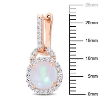 Blue-Ethiopian Opal and White Topaz Halo Drop Earrings in Rose Plated Sterling Silver