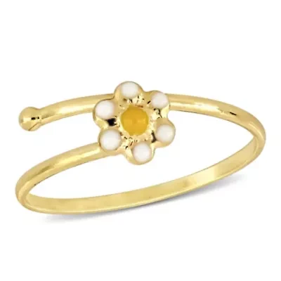 White and Yellow Enamel Daisy Flower Adjustable Children's Ring in 14K Yellow Gold