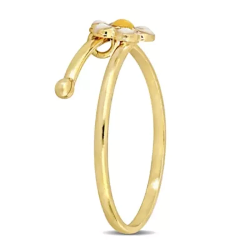 White and Yellow Enamel Daisy Flower Adjustable Children's Ring in 14K Yellow Gold