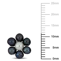 Black and White Freshwater Cultured Pearl Flower Stud Earrings in Sterling Silver