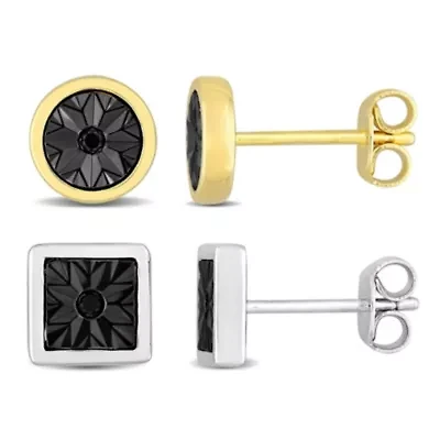 Men's Black Diamond Accent Stud Earrings Set in 2-Tone Sterling Silver