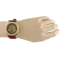 Women's Mechanical Skeleton Watch with Crystal Bezel & Brown Leather Band