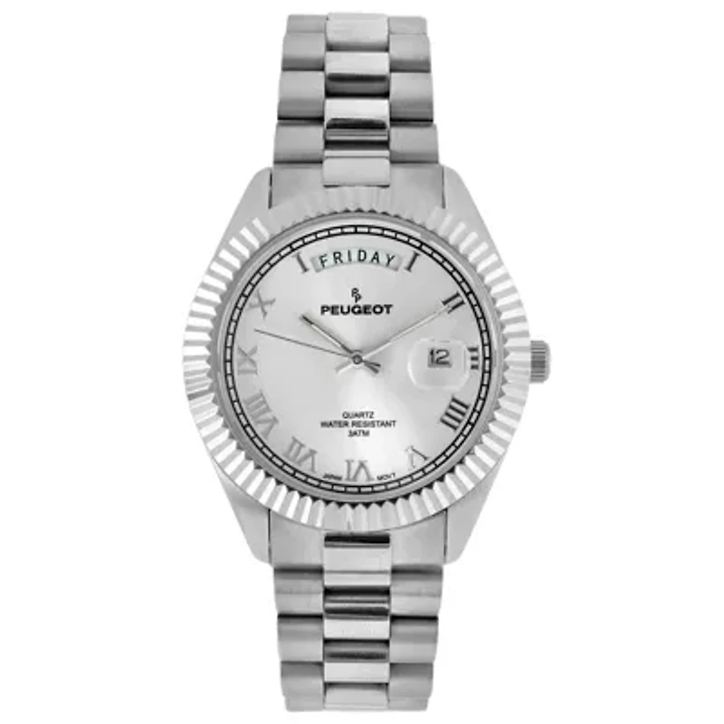 Peugeot Men's 40mm Silver Face Fluted Bezel Steel Bracelet Watch